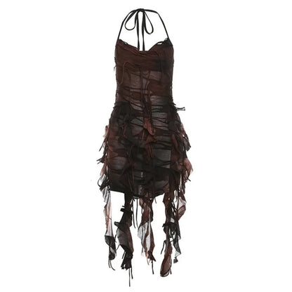 Distressed Layered Chiffon Mini Dress With Dark Alternative Streetwear Fashion Appeal