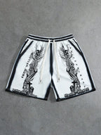 Men's Loose Graphic Print Drawstring Sports Shorts with Distressed Streetwear Inspired Design