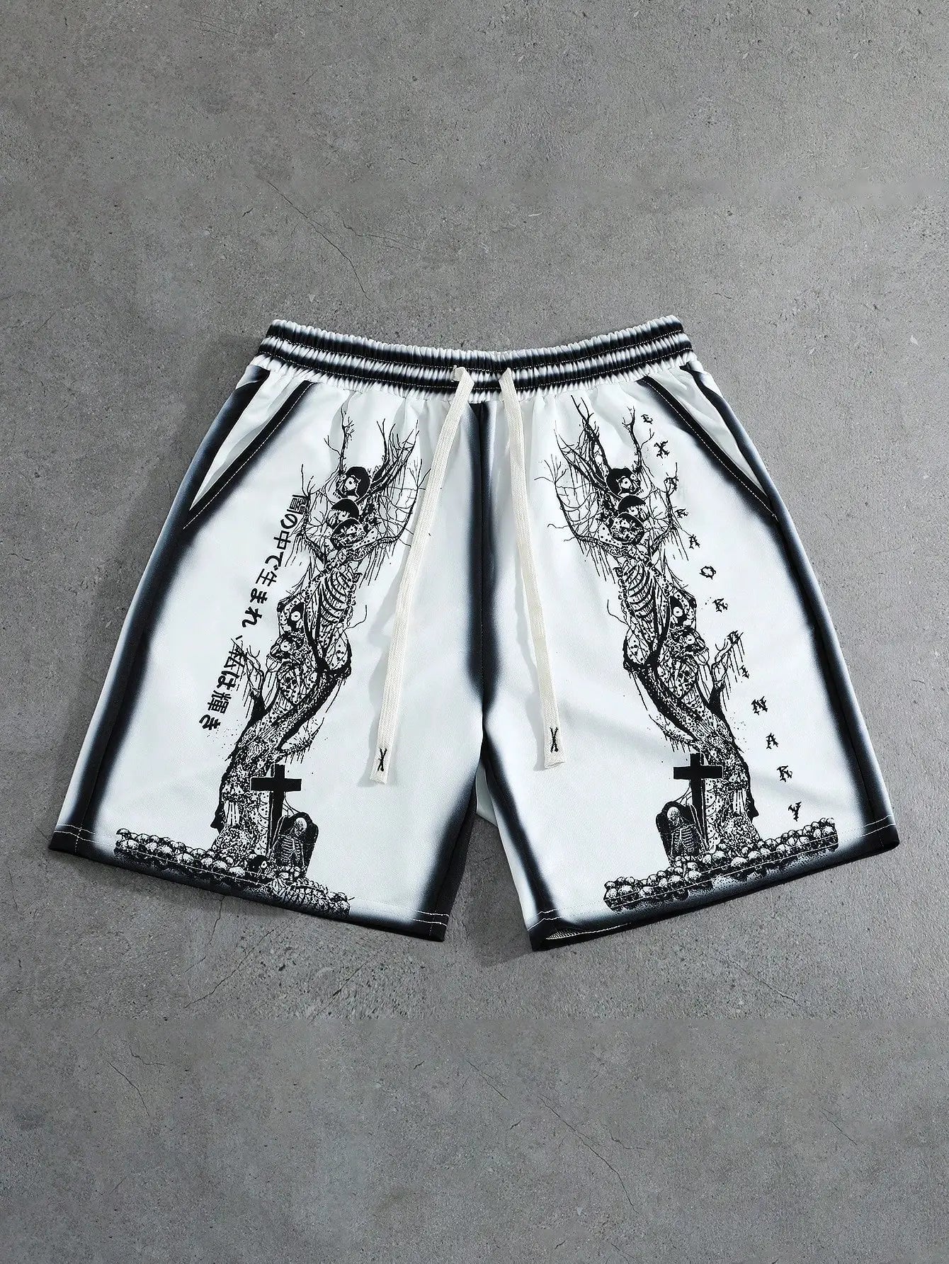 Men's Loose Graphic Print Drawstring Sports Shorts with Distressed Streetwear Inspired Design