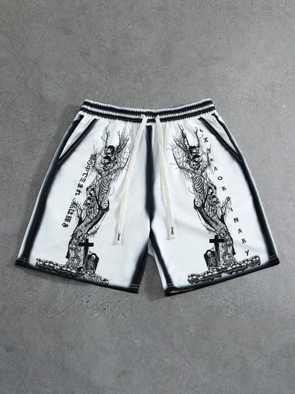 Men's Loose Graphic Print Drawstring Sports Shorts with Distressed Streetwear Inspired Design