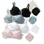 Soft Ribbed Wire-Free Push-Up Bra and Panty Set with Ruffled Trim