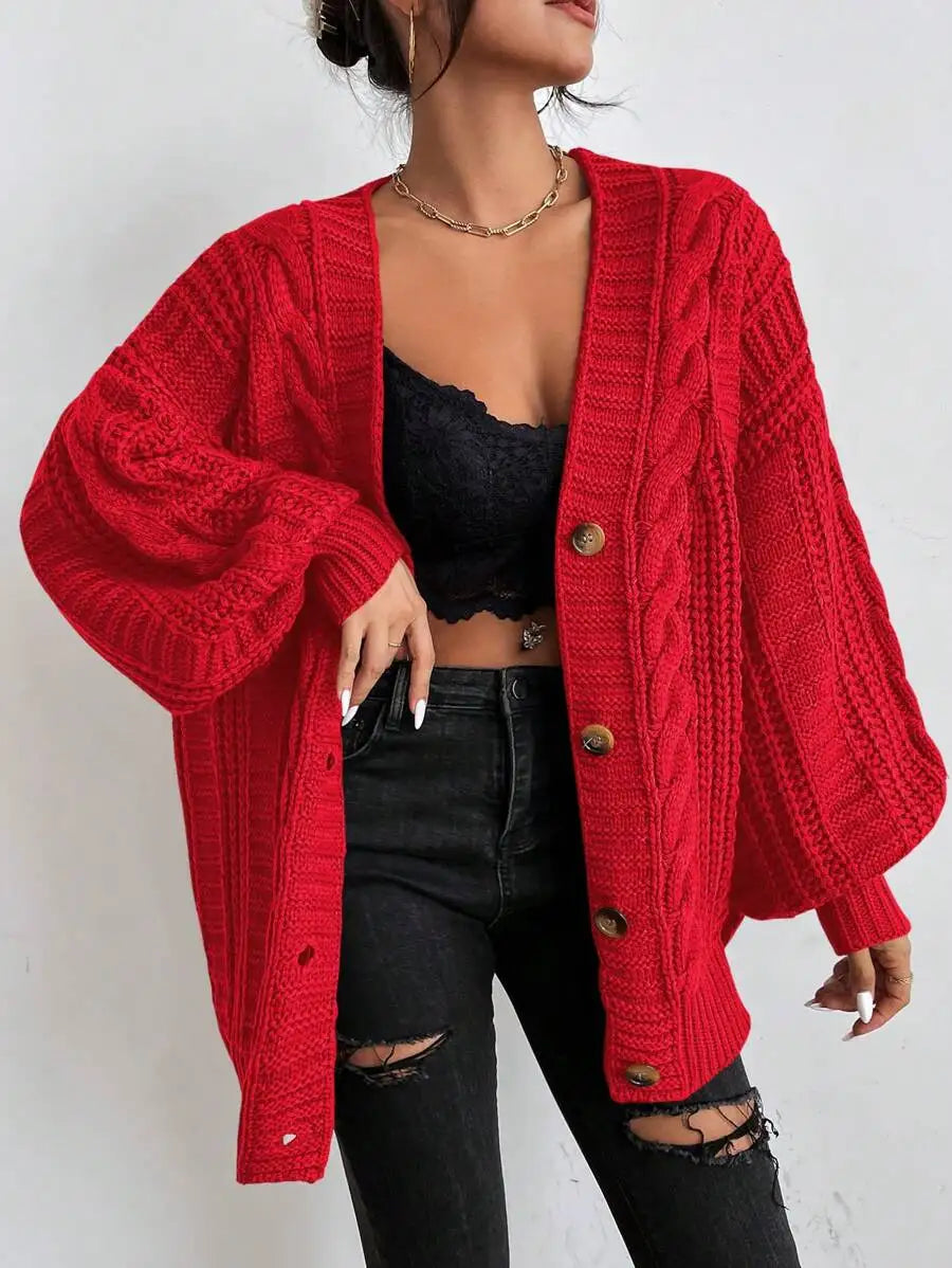 Women's Oversized Cable Knit Sweater with Textured Stitching and Relaxed Streetwear Silhouette