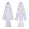 Form-Fitting Long White Gown with Sweeping Bell Sleeves and Ghost Veil