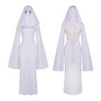 Form-Fitting Long White Gown with Sweeping Bell Sleeves and Ghost Veil