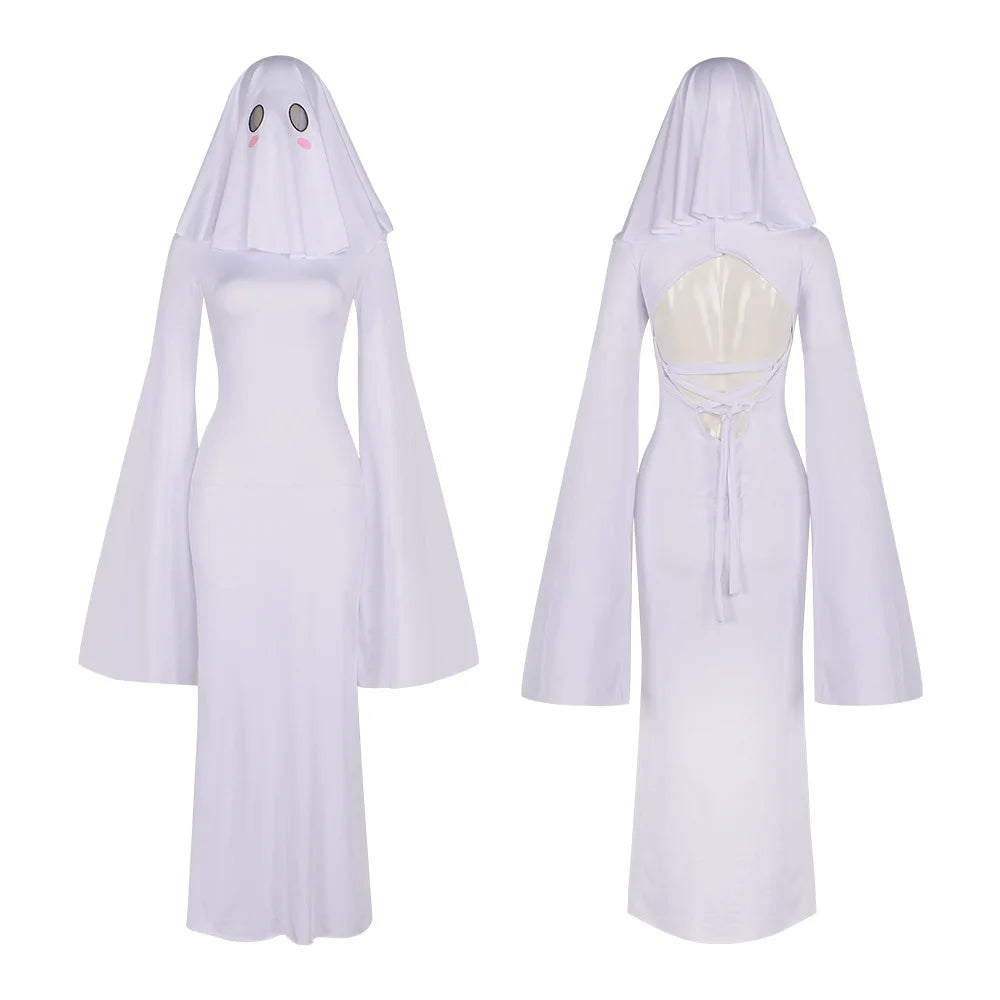 Form-Fitting Long White Gown with Sweeping Bell Sleeves and Ghost Veil