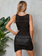 Black Crochet Hollow-Out Beach Cover-Up Dress with Sleeveless Mini Silhouette and Open-Knit Resort Styling