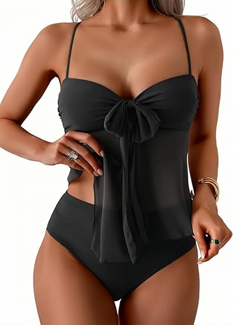 Earthy Brown Chiffon Bow Tankini Set with High-Waisted Bottoms