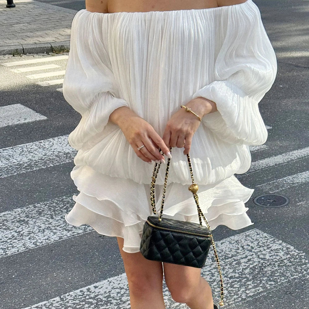 Off Shoulder Pleated Mini Dress with Ruched Layered Statement Silhouette