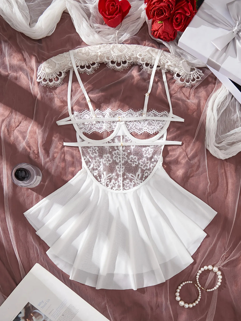 Ethereal White Sheer Lace Babydoll Set with Ruffled Tulle Skirt