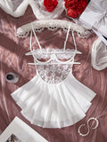 Ethereal White Sheer Lace Babydoll Set with Ruffled Tulle Skirt