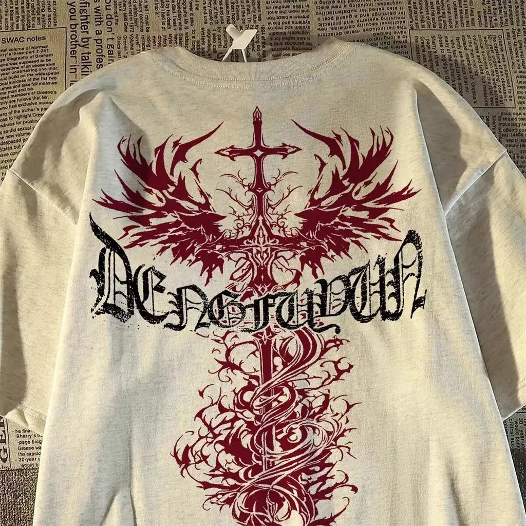 Oversized Gothic Cross Graphic Streetwear T-Shirt with Distressed Artwork Print