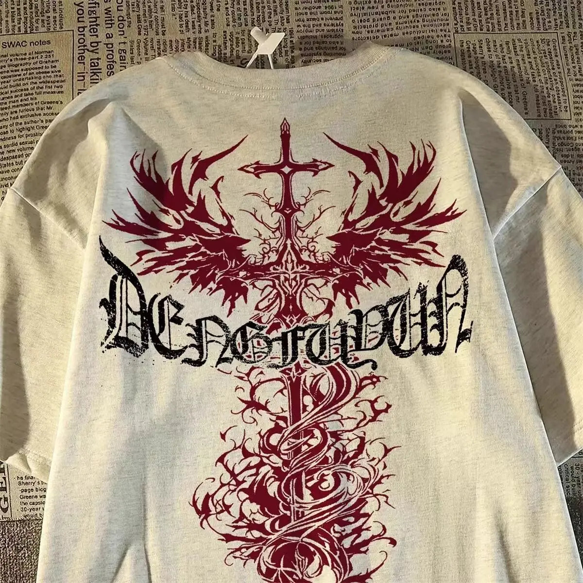 Oversized Gothic Cross Graphic Streetwear T-Shirt with Distressed Artwork Print
