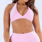 Sleek Wrap-Front Halter Sports Bra with Open Back Design