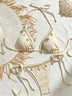 Earthy Olive Green Triangle String Bikini with Crochet and Shell Trim Details