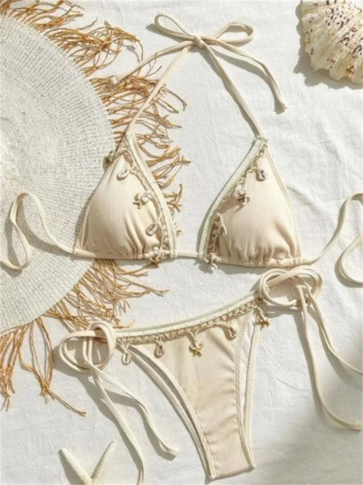 Earthy Olive Green Triangle String Bikini with Crochet and Shell Trim Details