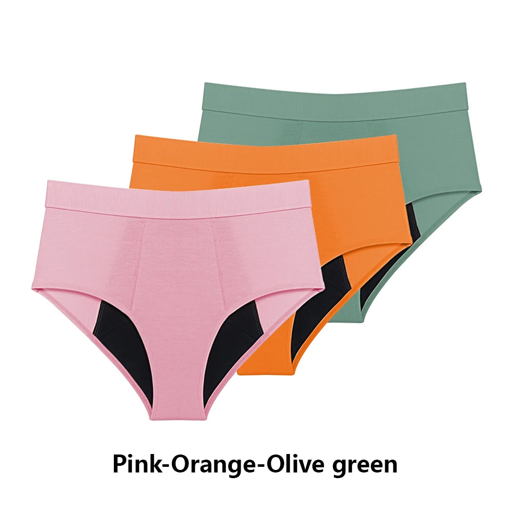 Three-Piece High-Waisted Absorbent Brief Set in Solid Tones