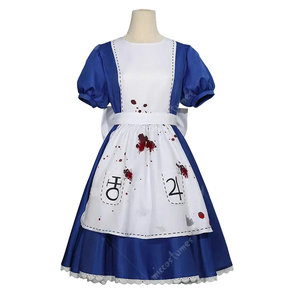 Women's Classic Maid-Inspired Dress Set with Apron, Bow, Belt and Striped Thigh-High Socks