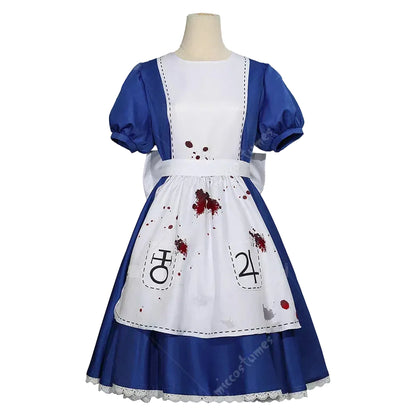 Women's Classic Maid-Inspired Dress Set with Apron, Bow, Belt and Striped Thigh-High Socks