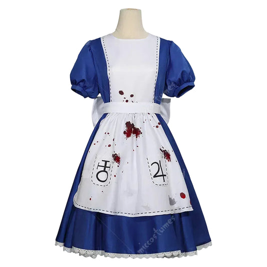 Women's Classic Maid-Inspired Dress Set with Apron, Bow, Belt and Striped Thigh-High Socks