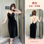 Minimalist Black Velvet Long Slip Dress with Delicate V-Neck