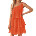 One Shoulder Tiered Mini Dress with Layered Flowy A-Line Silhouette
