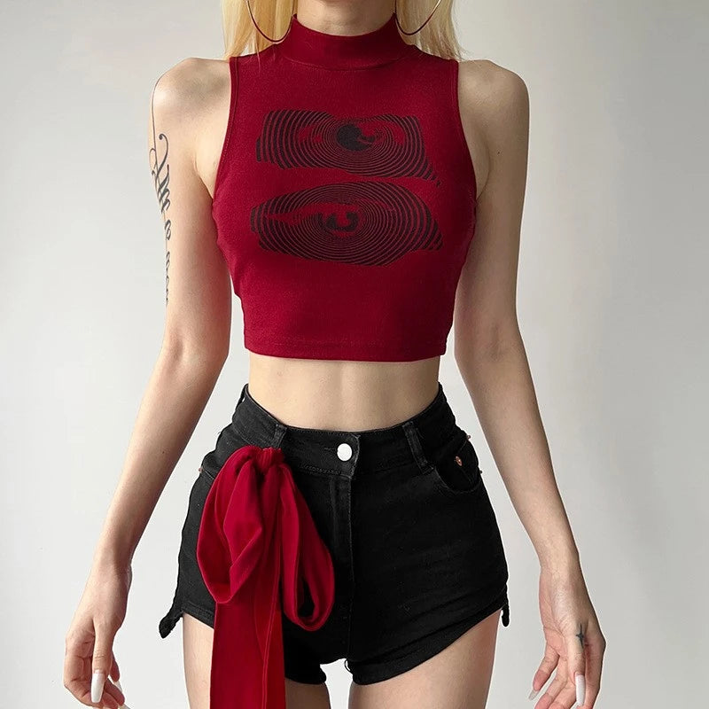 Women's High Neck Cropped Tank Top with Graphic Front Contemporary Streetwear Fashion Style