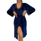 Romantic Navy Blue Velvet-Finish Two-Piece Sleepwear Set with Black Lace Trim