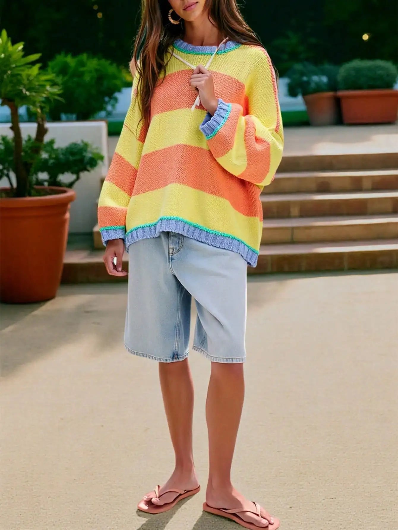 Women's Oversized Color Block Knit Sweater with Relaxed Fit for Cozy Everyday Style