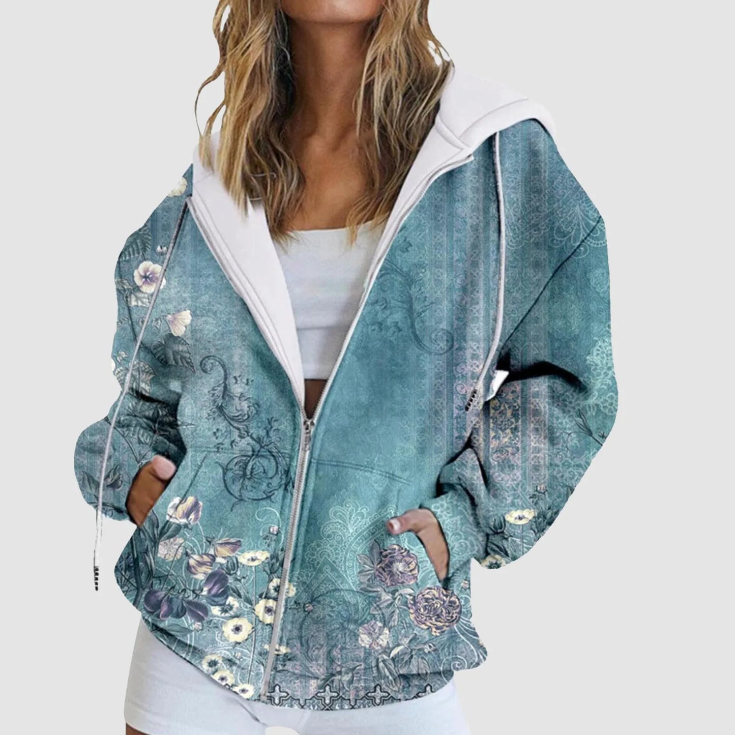 Women's Gradient Zip-Up Hoodie with Relaxed Casual Streetwear Everyday Layering Fit