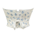 Blue and White Floral Strapless Corset with Ruffled Edging and Front Lace-Up