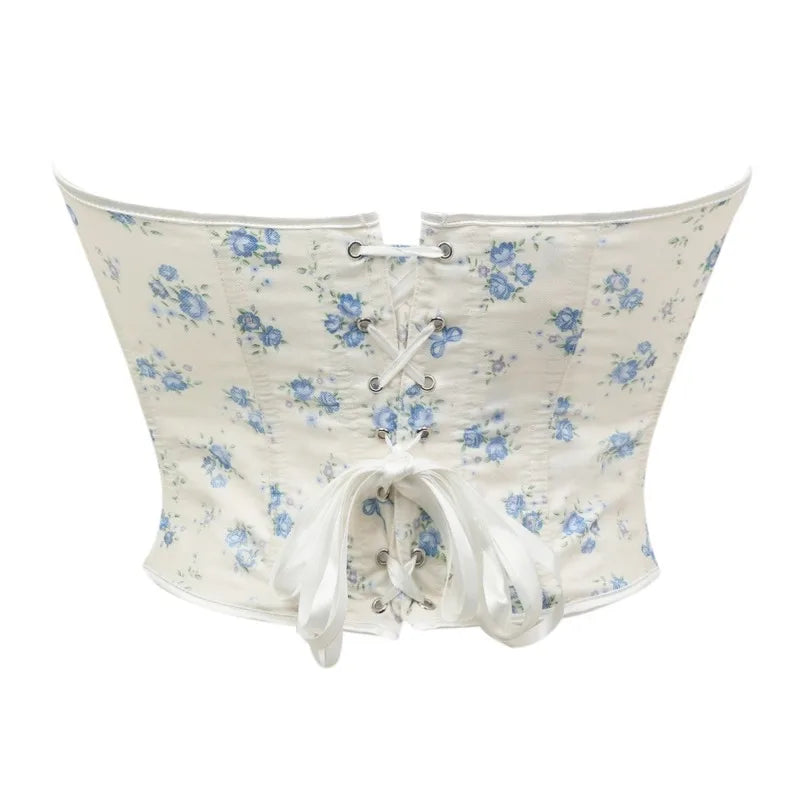 Blue and White Floral Strapless Corset with Ruffled Edging and Front Lace-Up