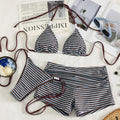 Three-Piece Striped Halter Bikini Set with Matching Swim Shorts