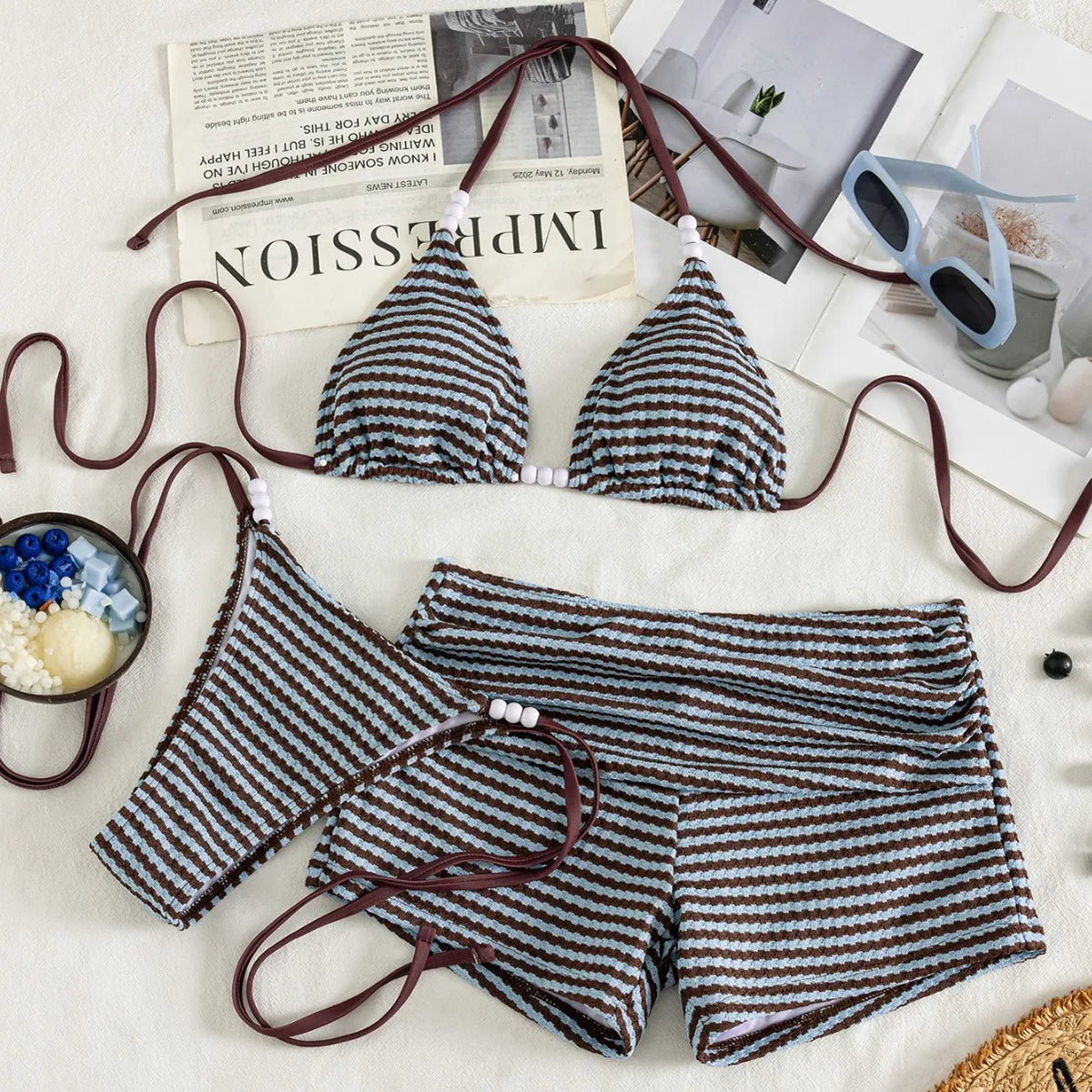 Three-Piece Striped Halter Bikini Set with Matching Swim Shorts