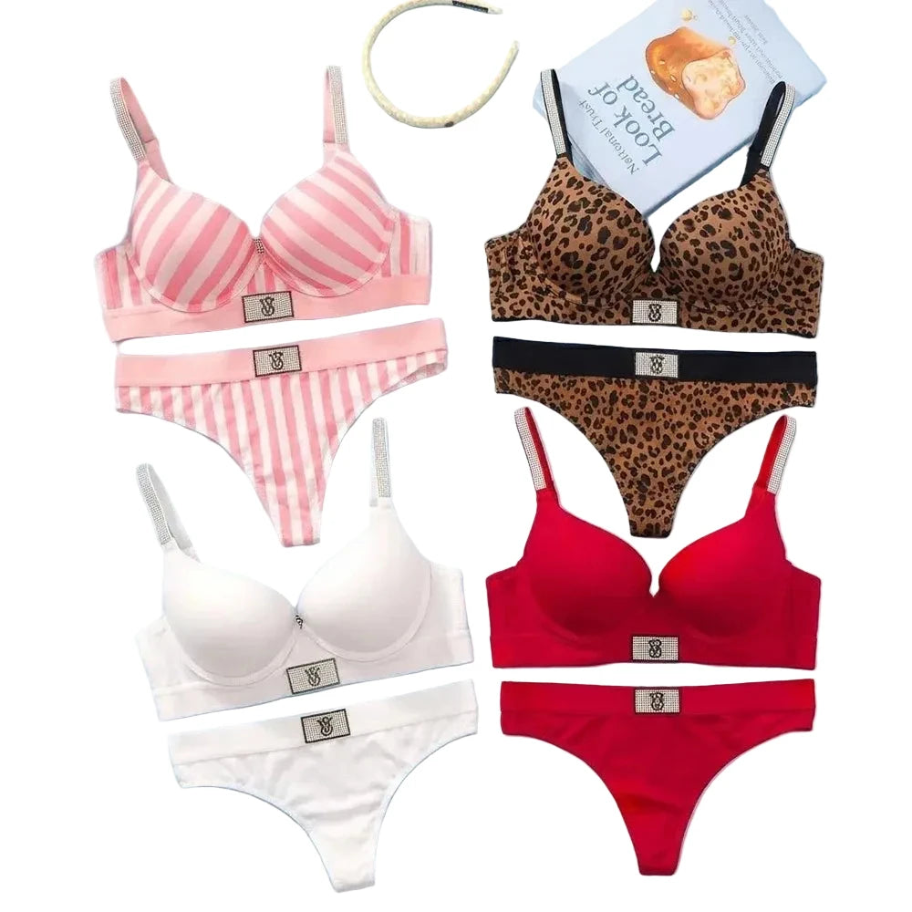 Dynamic Patterned Demi Contour Bra and Panty Set with Metallic Accents