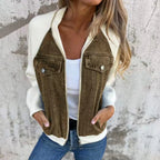 Women's Patchwork Denim Contrast Sleeve Button-Up Casual Streetwear Jacket