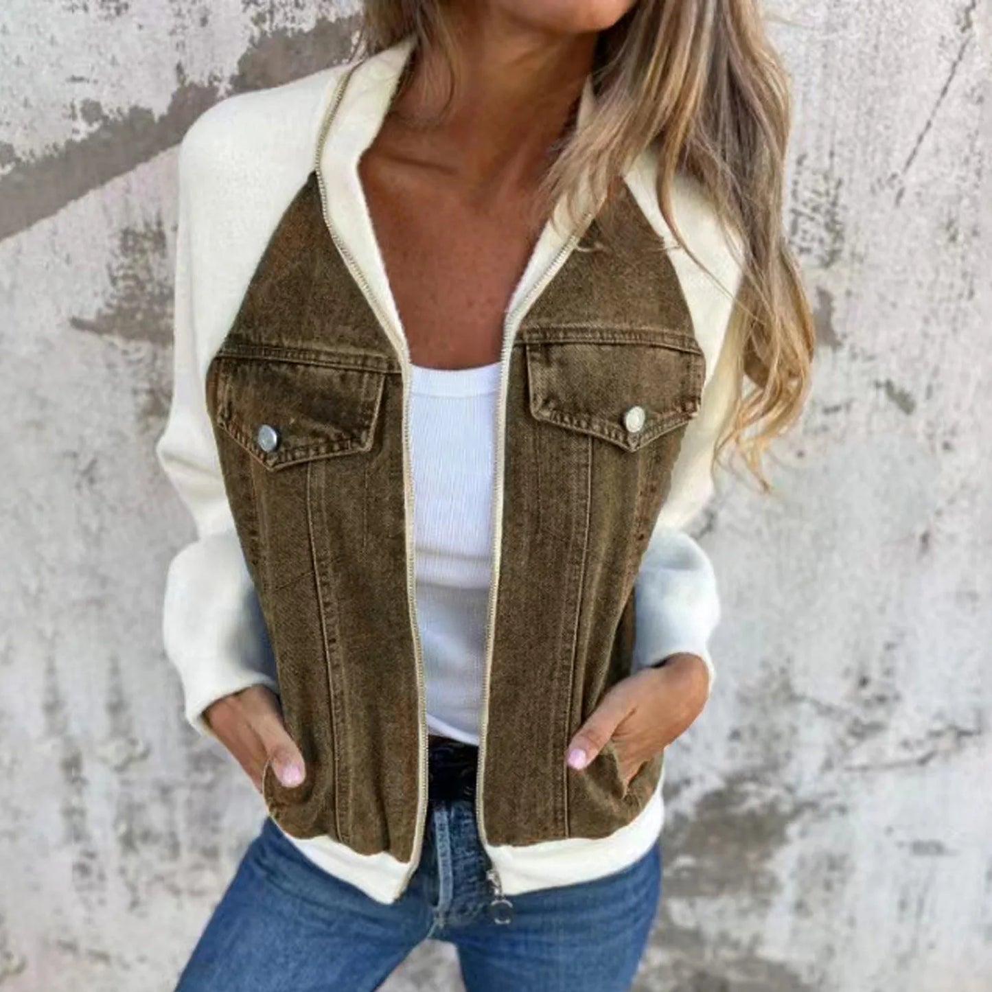 Women's Patchwork Denim Contrast Sleeve Button-Up Casual Streetwear Jacket