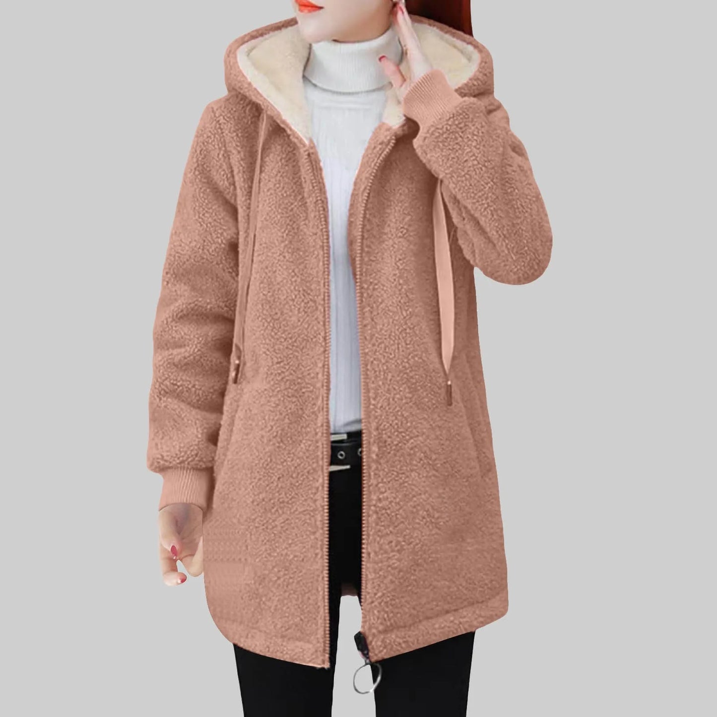 Women's Longline Hooded Sherpa Fleece Zip Jacket for Cozy Streetwear Layering