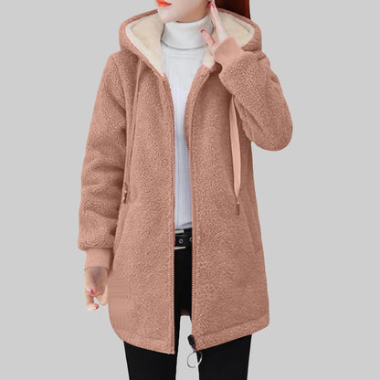 Women's Longline Hooded Sherpa Fleece Zip Jacket for Cozy Streetwear Layering