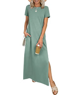 Relaxed Crew Neck Maxi Dress with Side Slits and Functional Pockets
