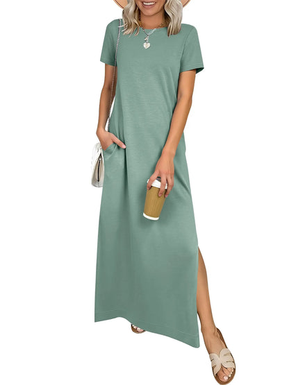 Relaxed Crew Neck Maxi Dress with Side Slits and Functional Pockets