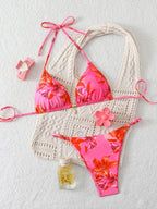 Vibrant Tropical Floral Print String Bikini Set with Sliding Triangle Top