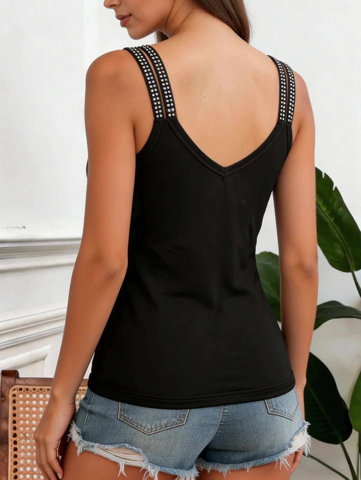 Double Strap V-Neck Tank Top with Rhinestone Trim Slim Fit Streetwear Camisole Style