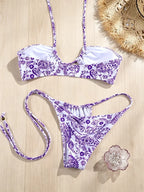 Purple Paisley and Floral Print Halter String Bikini