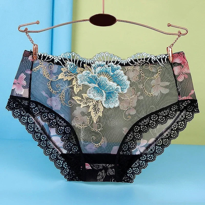 Women’s Floral Embroidered Lace Briefs with Sheer Panels, Low-Rise Silhouette and Delicate Feminine Detailing