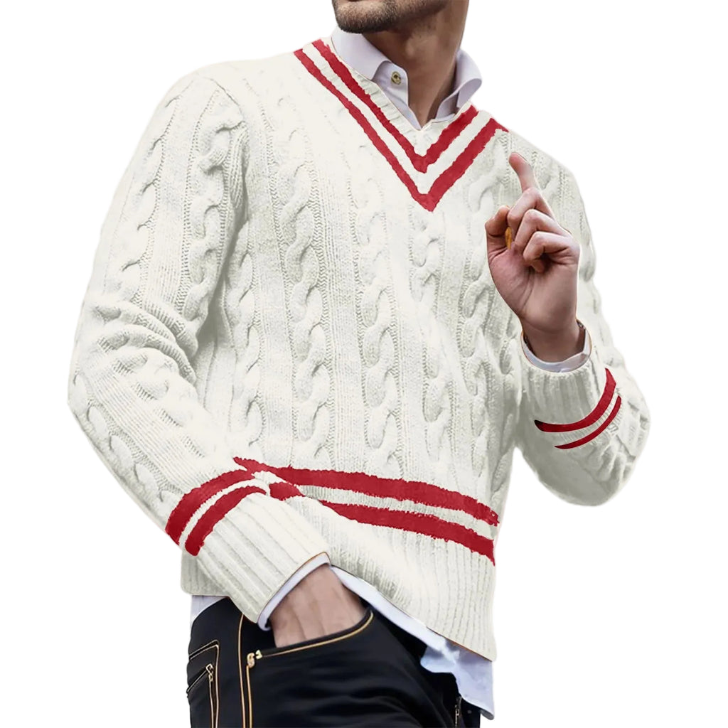 Men's Contrast Trim Cable Knit Relaxed Fit Streetwear Sweater Pullover
