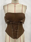 Earthy Brown Ribbed Strapless Corset Top with Dramatic Front Lace-Up Detailing