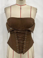 Earthy Brown Ribbed Strapless Corset Top with Dramatic Front Lace-Up Detailing