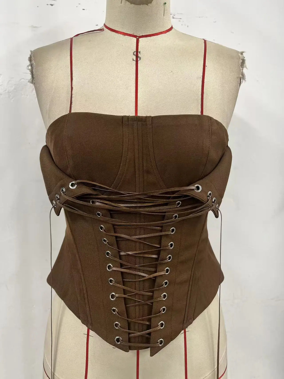 Earthy Brown Ribbed Strapless Corset Top with Dramatic Front Lace-Up Detailing