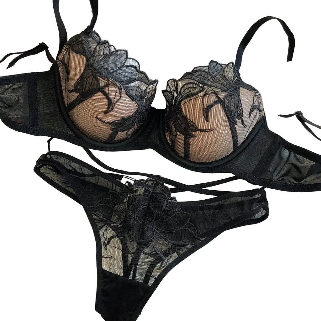 Elegant Botanical Embroidery Plunge Bra and Sheer Thong Set