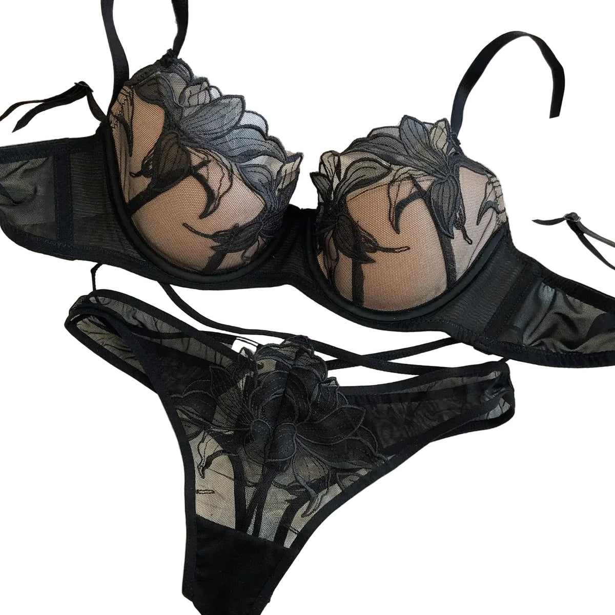 Elegant Botanical Embroidery Plunge Bra and Sheer Thong Set